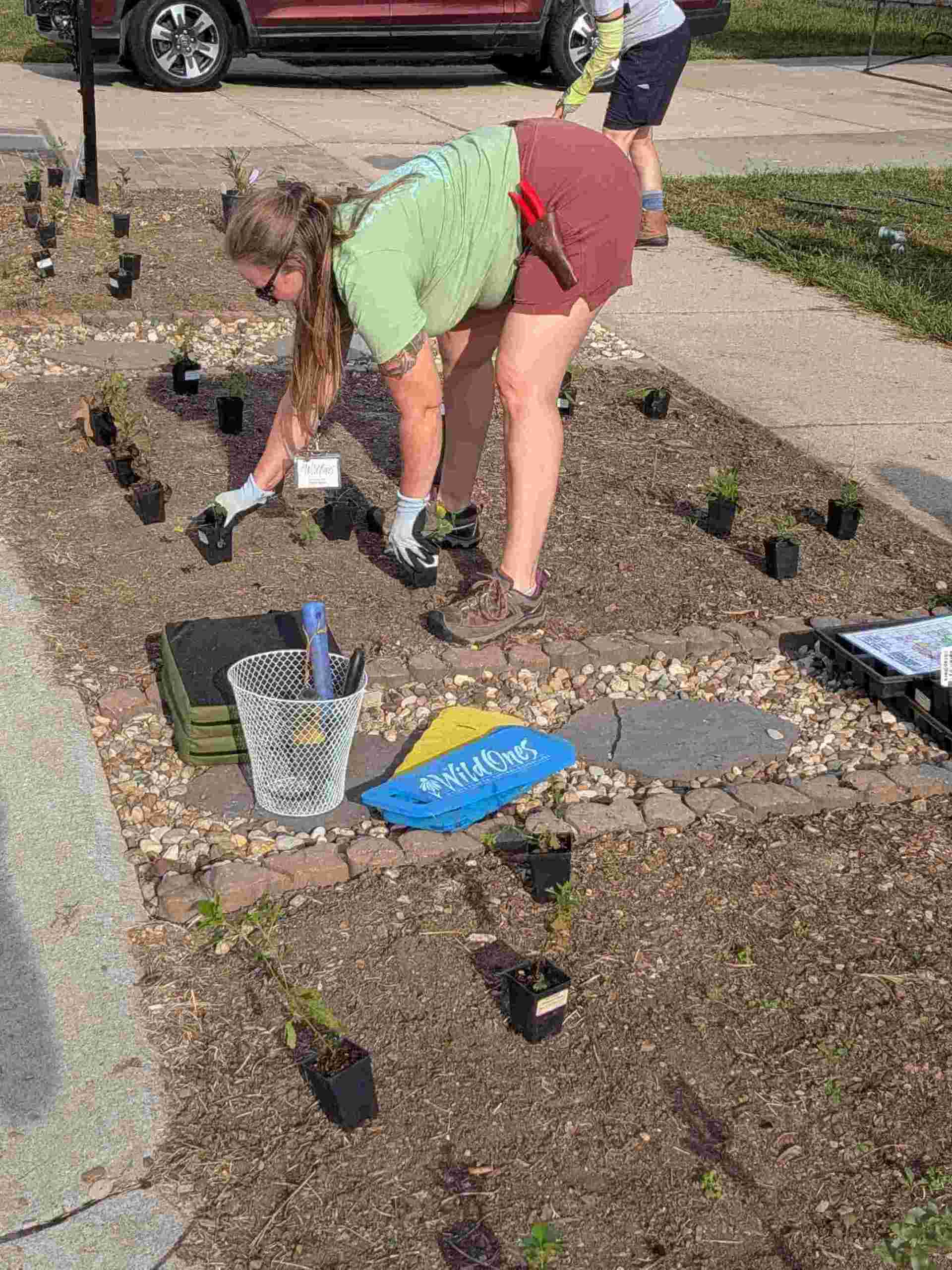 Plants are being placed in their desired locations with the design plans and seat pads nearby