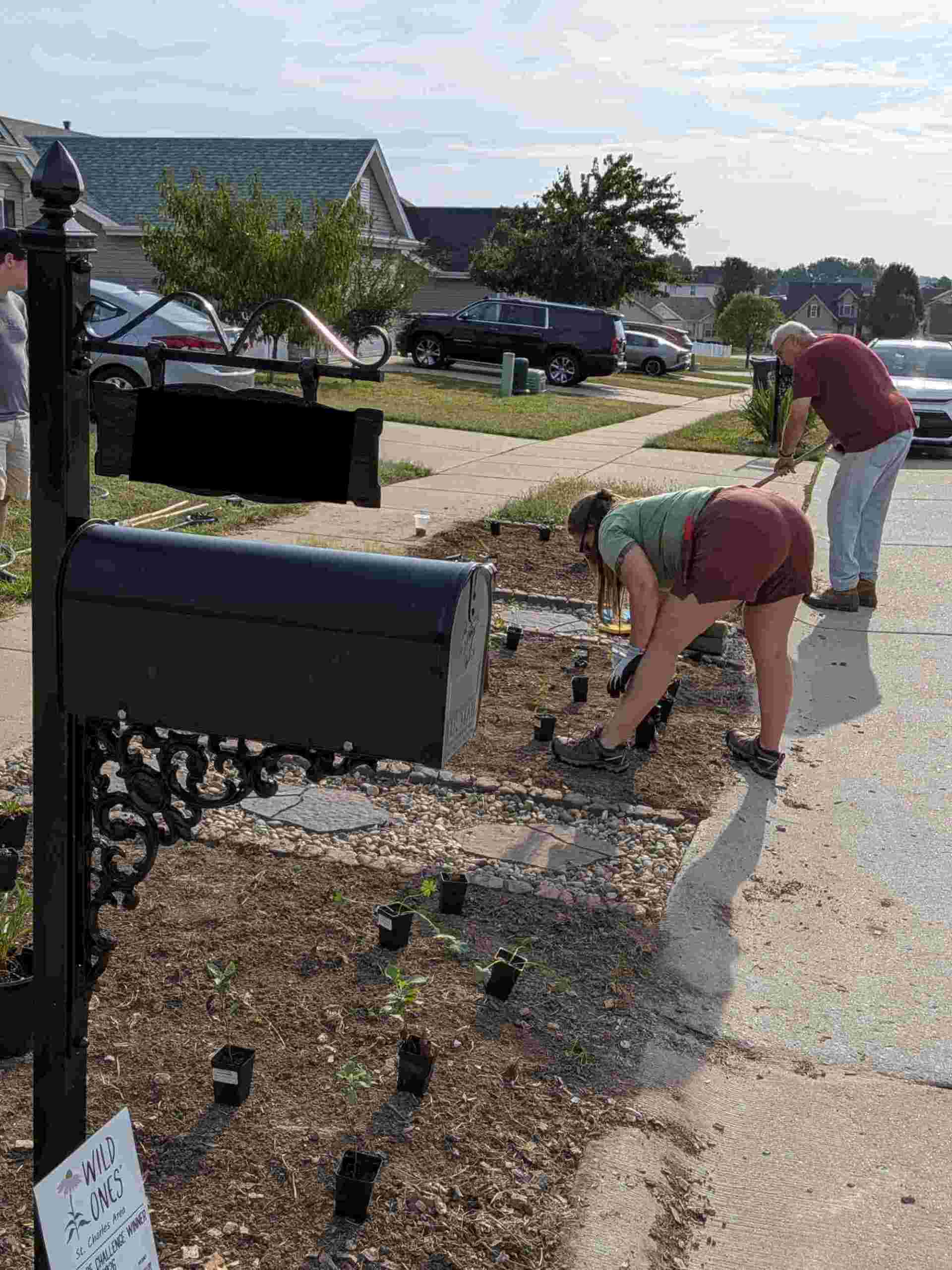 Members tidy the soil and prepare the area for installation